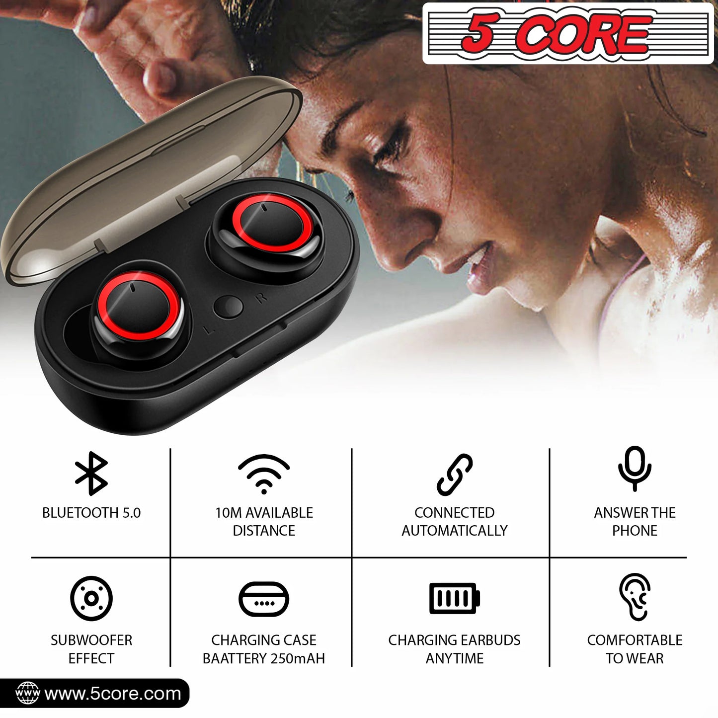 5 Core Wireless Ear Buds • Mini Bluetooth Noise Cancelling Earbud Headphones 32 Hours Playtime IPX8