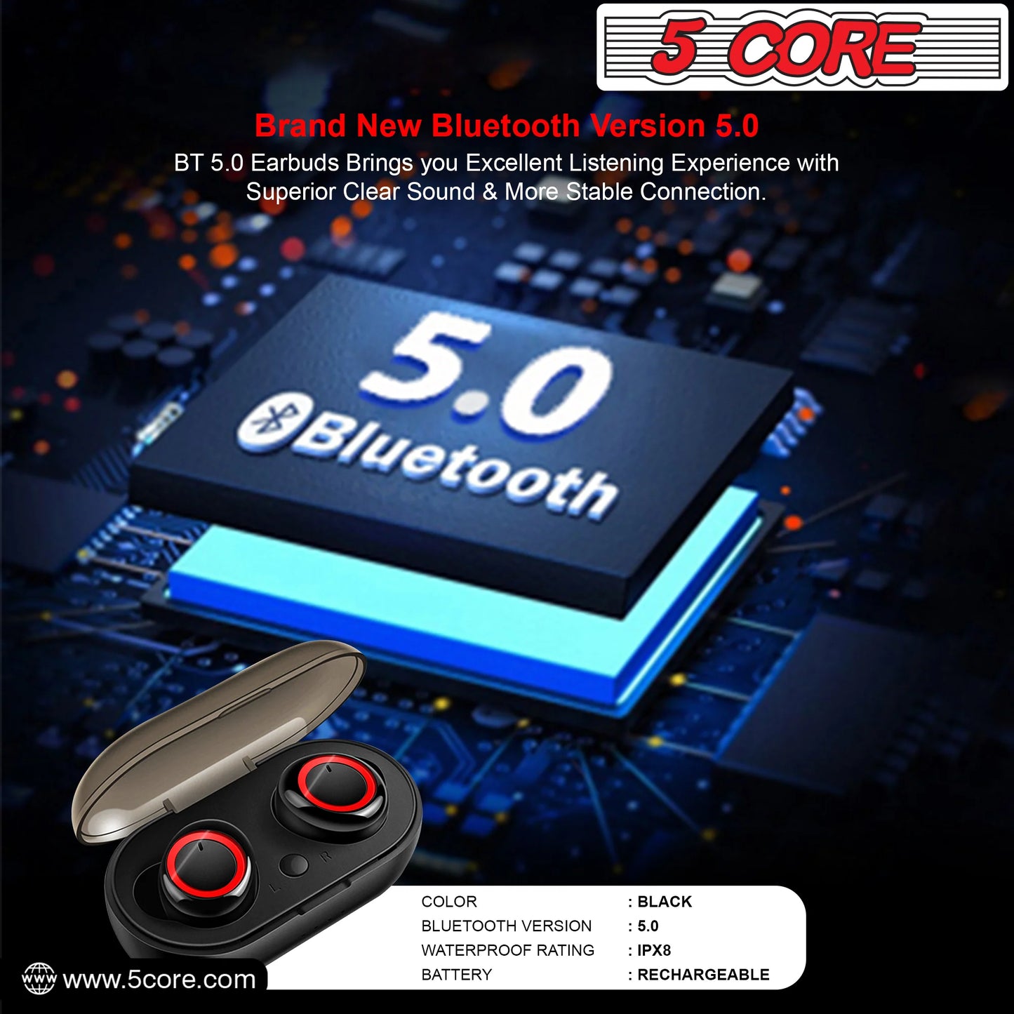 5 Core Wireless Ear Buds • Mini Bluetooth Noise Cancelling Earbud Headphones 32 Hours Playtime IPX8