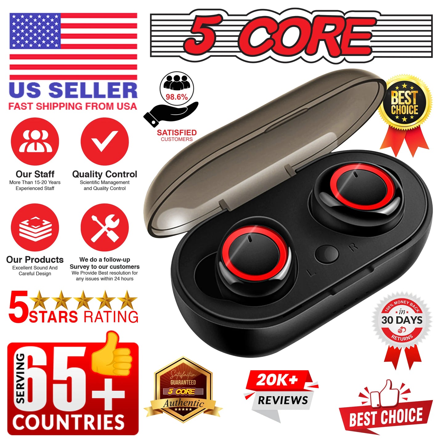 5 Core Wireless Ear Buds • Mini Bluetooth Noise Cancelling Earbud Headphones 32 Hours Playtime IPX8