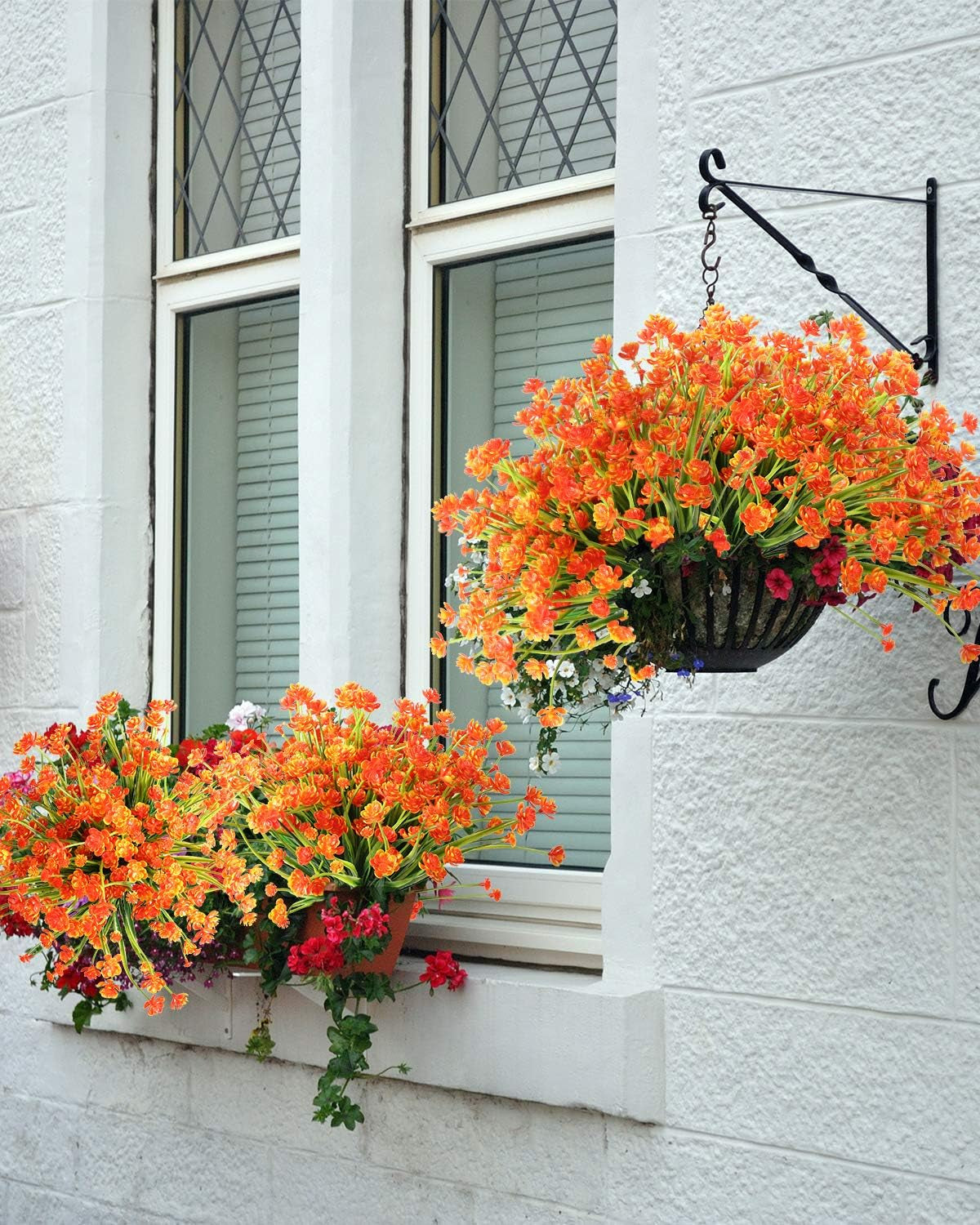 5 Bundles Artificial Fall Flowers Outdoor, Plastic Flowers Faux Greenery Shrubs Plants for Hanging Planter for Harvest Festival Halloween Home Party Garden Decoration(Orange)